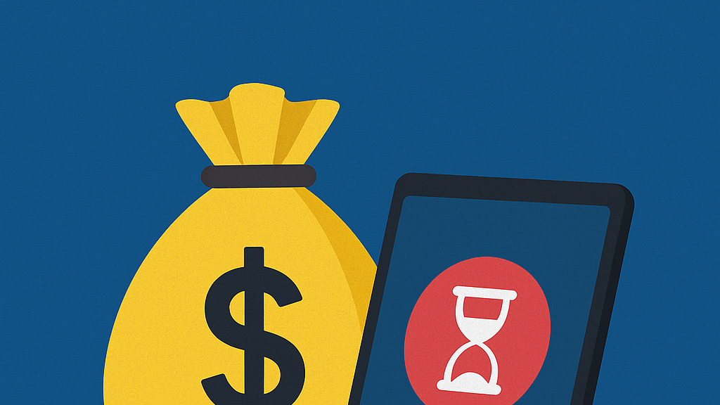 Bag of money next to an iPad with an hourglass timer.
