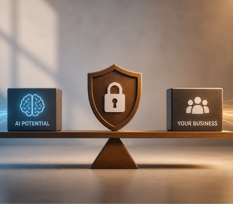 balanced scale with lock shield between ai and business