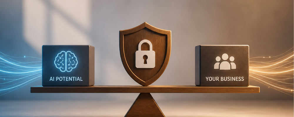 balanced scale with lock shield between ai and business