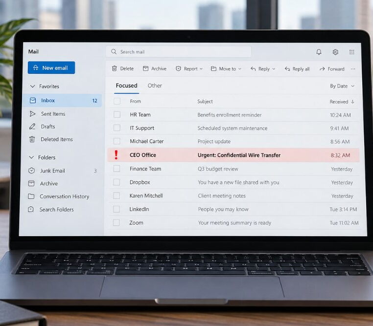 Laptop screen displaying email inbox with important alerts and notifications.
