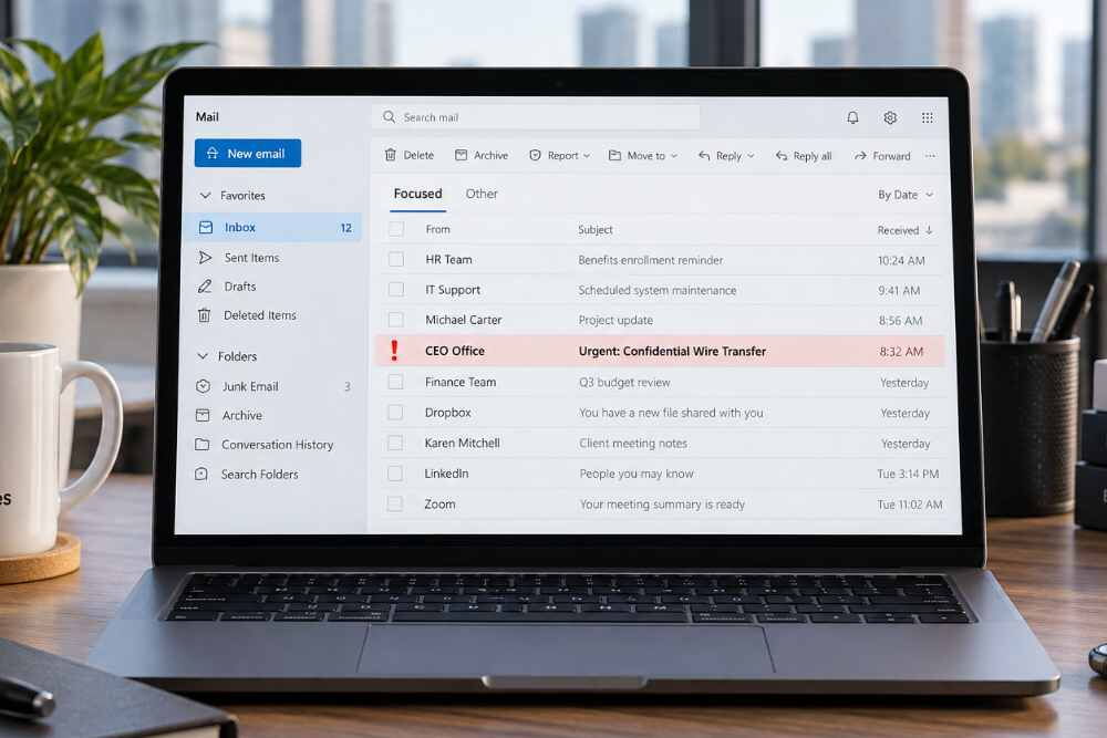 Laptop displaying email inbox with urgent message from CEO Office.