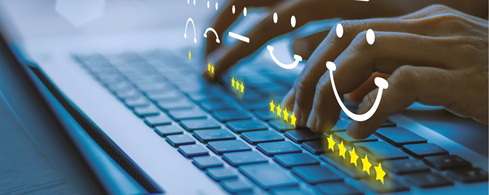 person typing on keyboard five star review