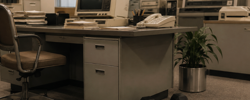 Vintage office space with computer, telephone, and dumbbells on the floor.