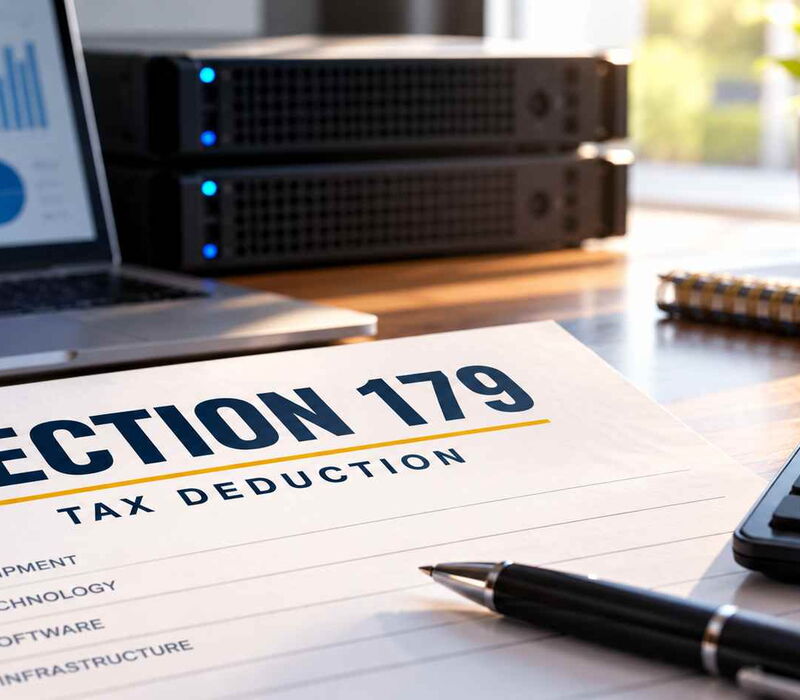 Section 179 tax deduction document with calculator and laptop on a desk.