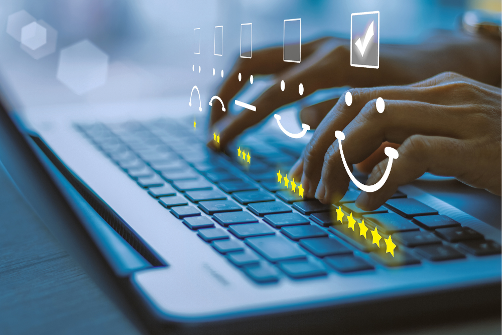 person typing on keyboard five star review