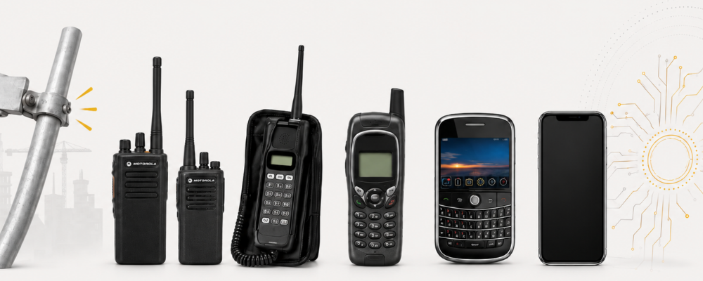 Evolution of communication devices from walkie-talkies to smartphones.