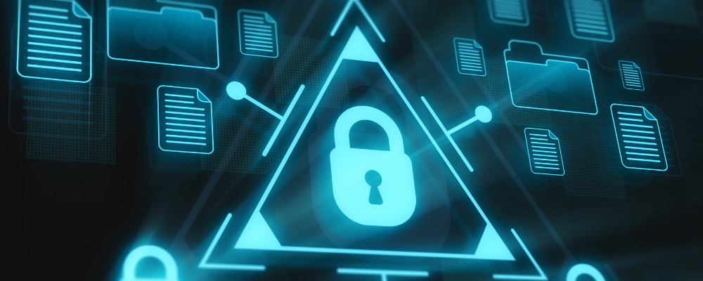 Digital security concept with padlocks and file icons on a dark background.