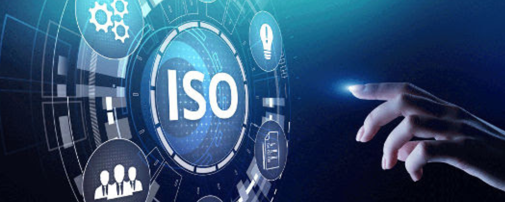Digital interface showcasing ISO standards with hand interaction.