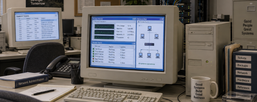 IT office workspace with computers, network equipment, and support documentation.