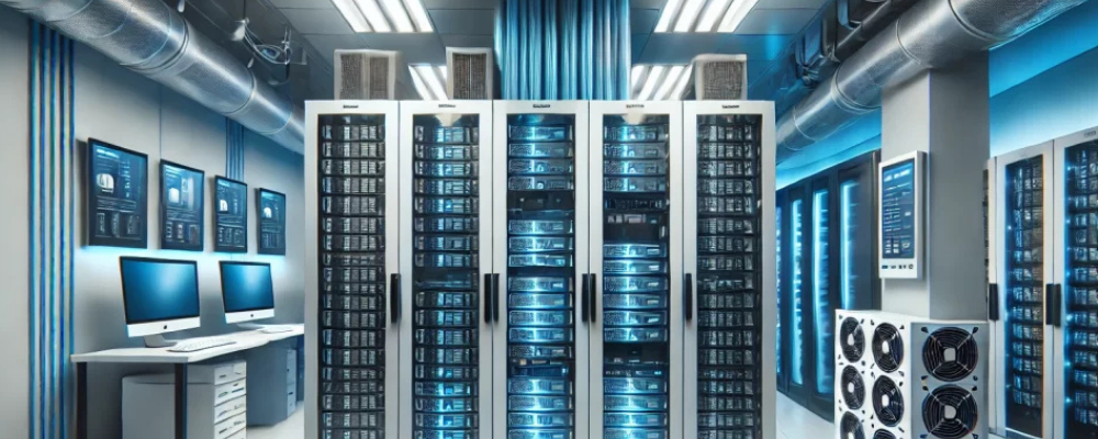 Modern server room with network racks and IT equipment