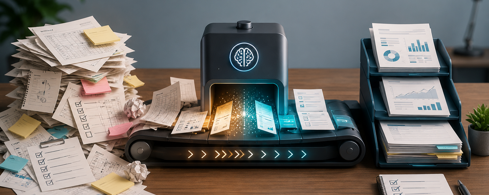 Innovative document processing system with stacked papers and digital elements.