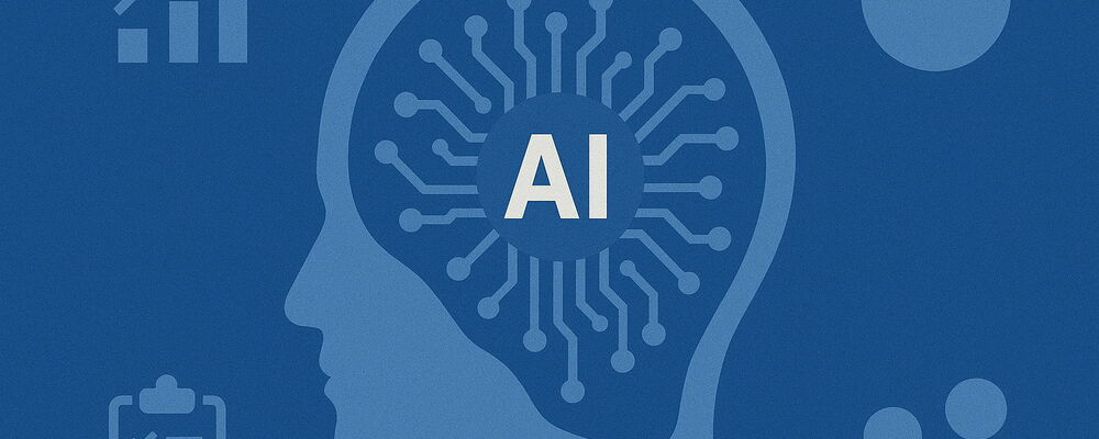 Image of AI icon and business related icons surrounding it.