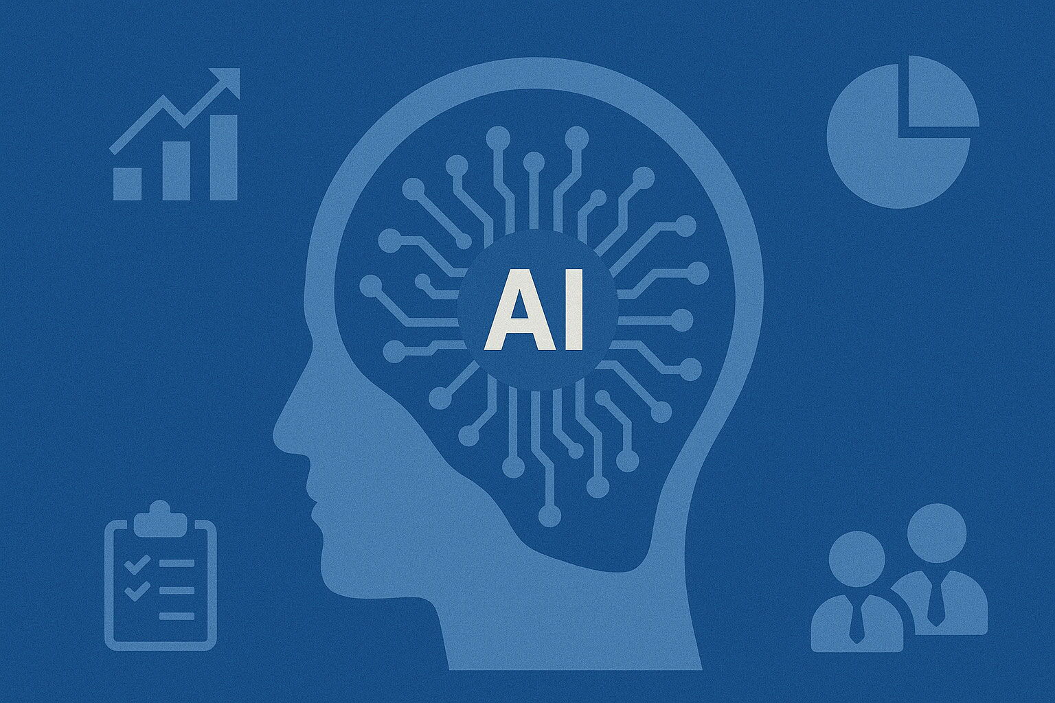 Image of AI icon and business related icons surrounding it.