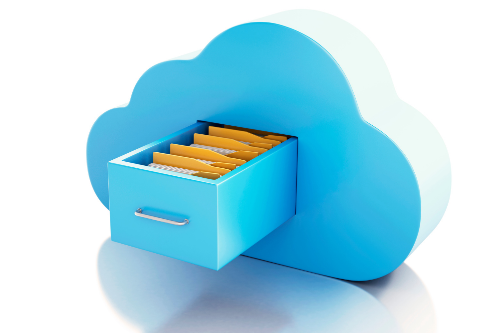 picture of an animated blue cloud with file cabinet drawer