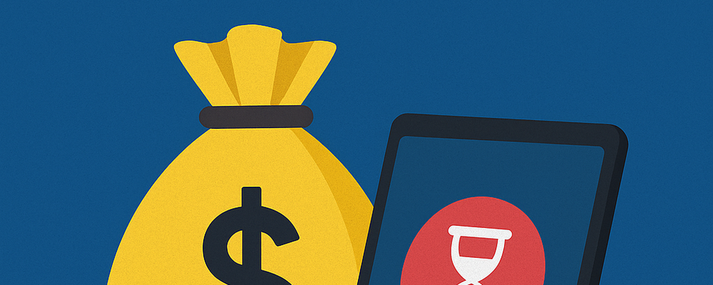 Bag of money next to an iPad with an hourglass timer.