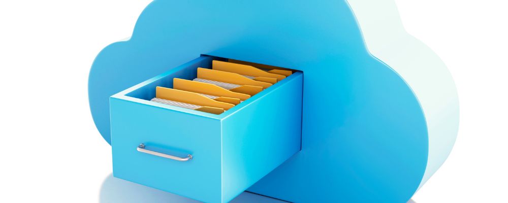 picture of an animated blue cloud with file cabinet drawer